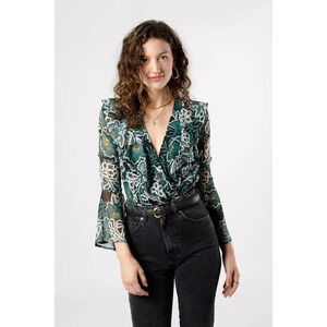 🆑Band of Free Ruffled V-Neck Floral Bodysuit With Bell Sleeves Small